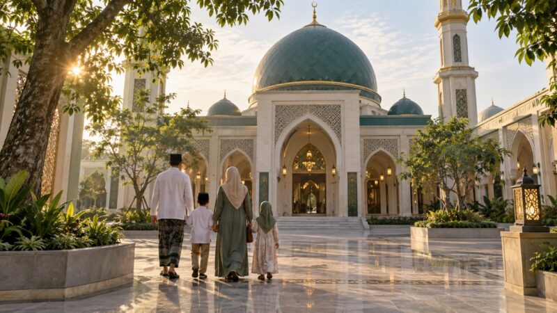 Ilustrasi AI: Keluarga berempat, ayah bersarung dan berpeci, dua anak, serta ibu berjilbab, berjalan membelakangi kamera di pelataran marmer menuju masjid berkubah hijau dan bermenara putih pada pagi hari.