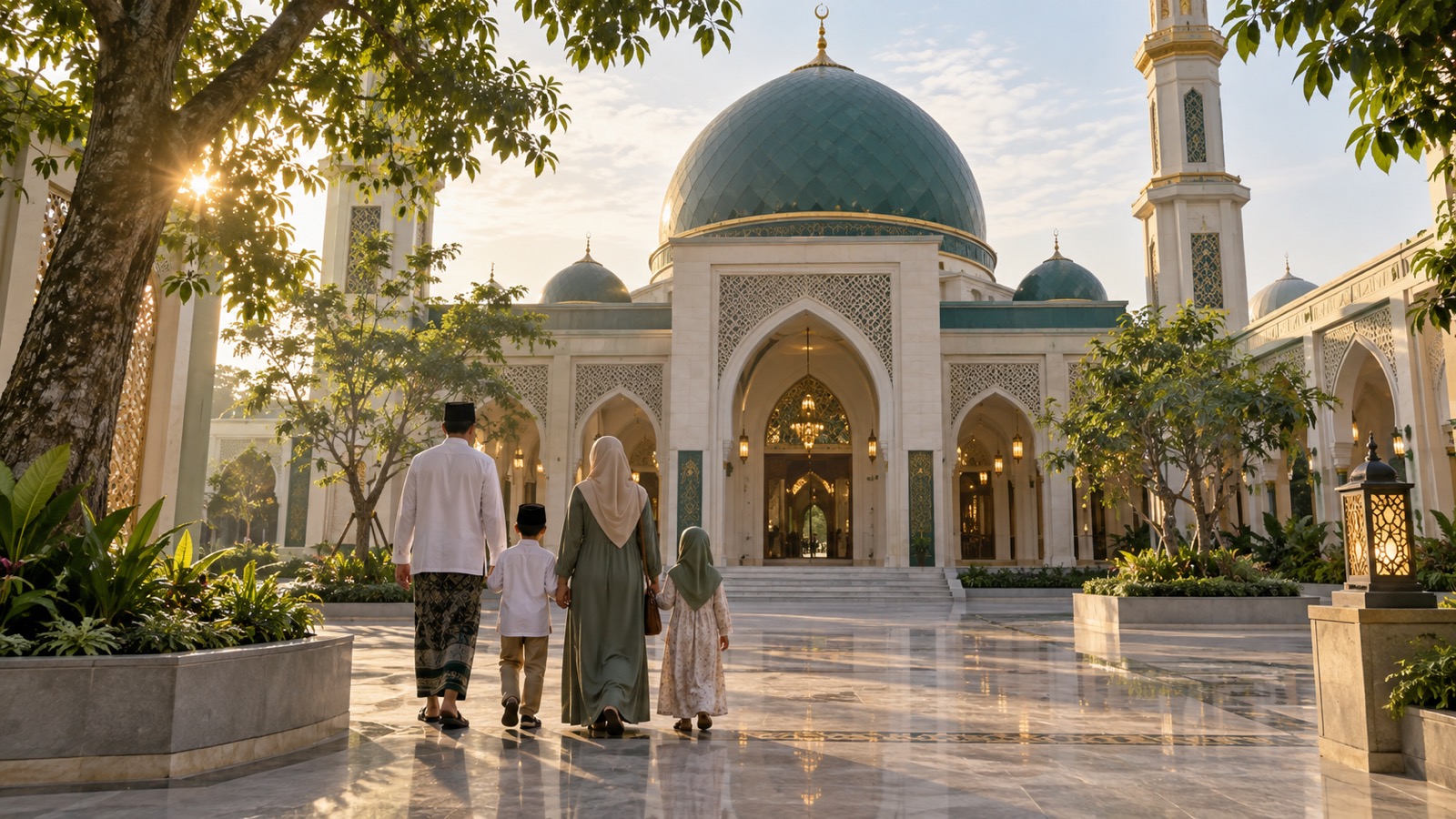 Ilustrasi AI: Keluarga berempat, ayah bersarung dan berpeci, dua anak, serta ibu berjilbab, berjalan membelakangi kamera di pelataran marmer menuju masjid berkubah hijau dan bermenara putih pada pagi hari.