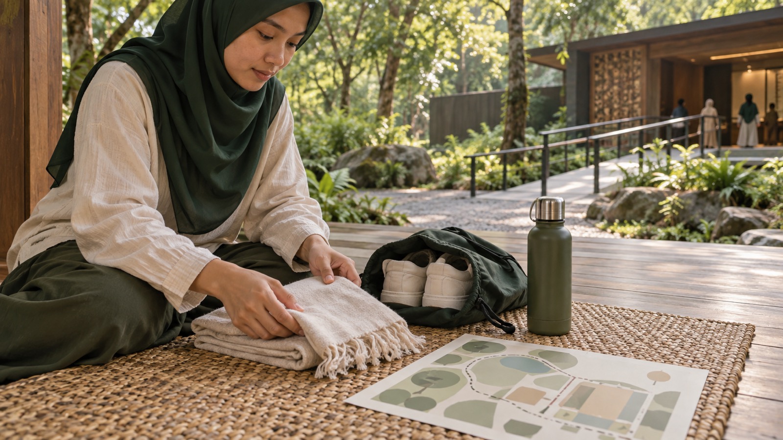 Ilustrasi AI: Perempuan berjilbab hijau duduk di tikar anyaman sambil melipat kain; di dekatnya ada kantong berisi sepatu putih, botol minum hijau, dan denah sederhana tanpa tulisan, dengan jalur landai berpagar di latar belakang.