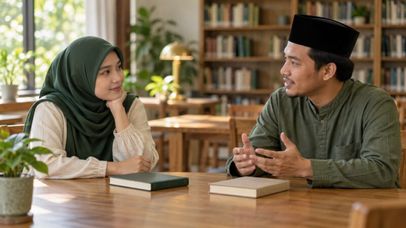Ilustrasi AI: Perempuan berkerudung hijau dan laki-laki berpeci hitam duduk berhadapan di meja kayu sebuah perpustakaan; perempuan itu mendengarkan sambil tersenyum dengan dagu bertumpu pada tangan, sementara laki-laki itu berbicara dengan kedua tangan terbuka, dan dua buku tertutup terletak di meja.