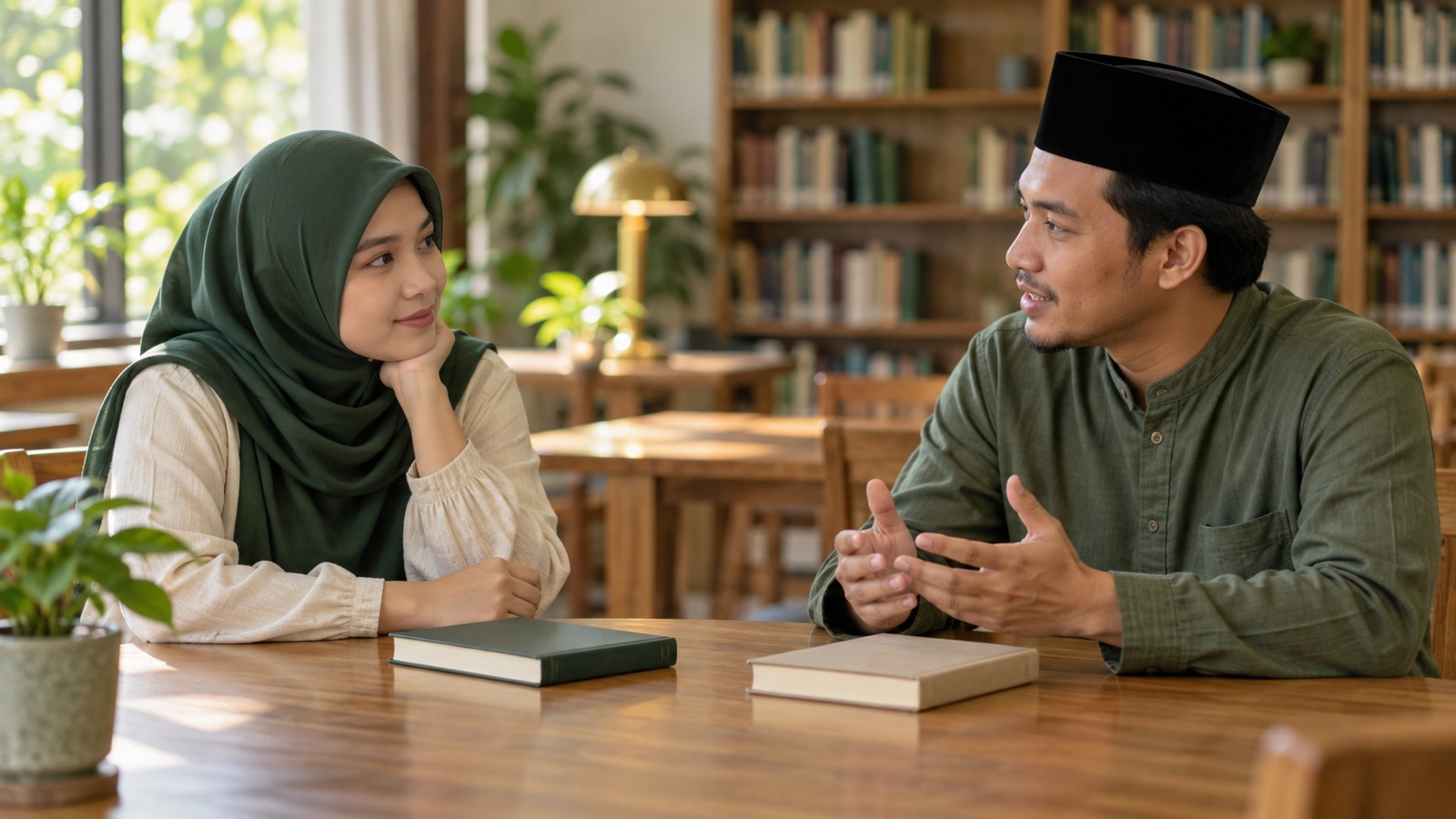 Ilustrasi AI: Perempuan berkerudung hijau dan laki-laki berpeci hitam duduk berhadapan di meja kayu sebuah perpustakaan; perempuan itu mendengarkan sambil tersenyum dengan dagu bertumpu pada tangan, sementara laki-laki itu berbicara dengan kedua tangan terbuka, dan dua buku tertutup terletak di meja.
