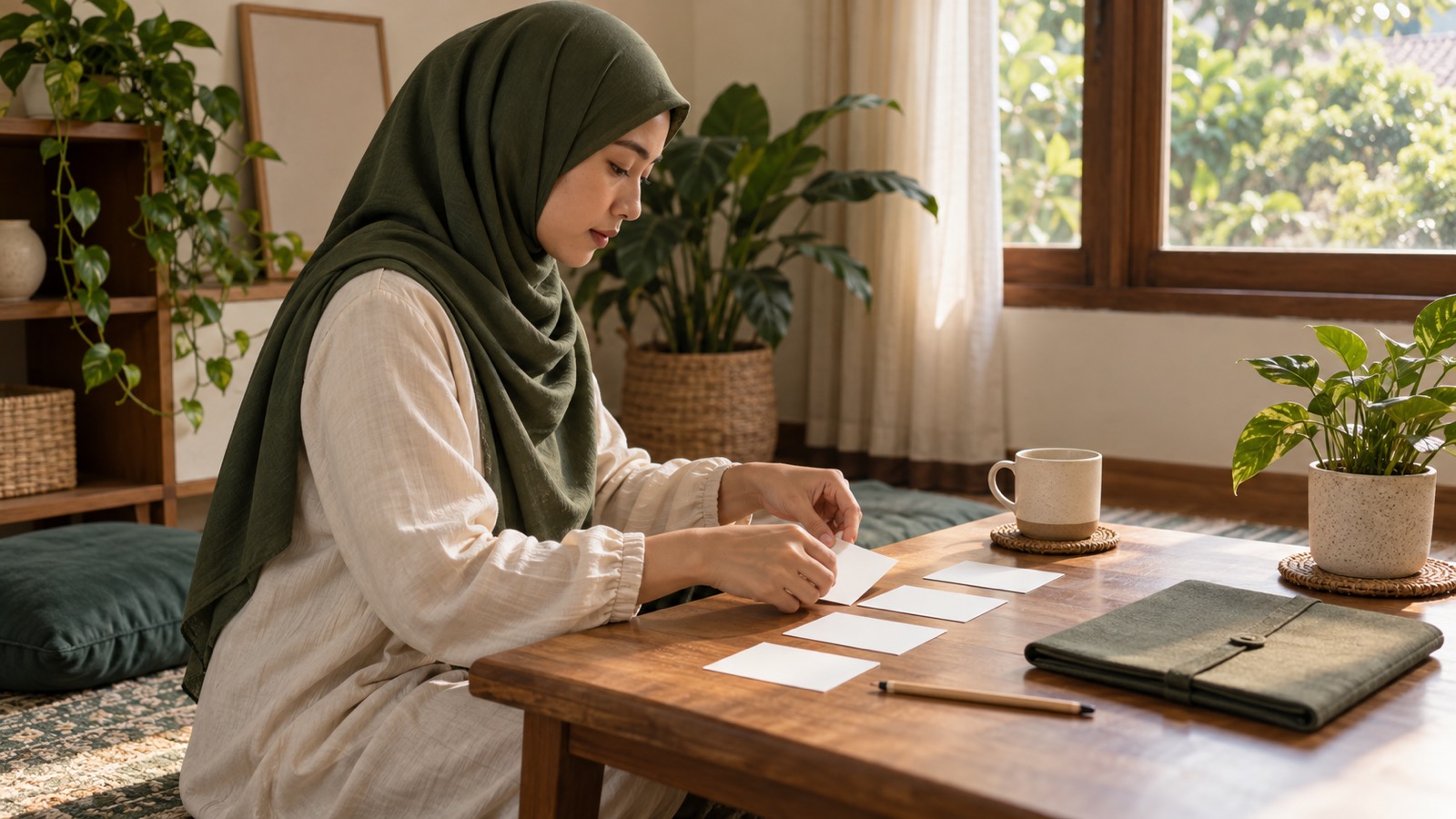 Ilustrasi AI: Perempuan berkerudung hijau tua duduk di depan meja kayu rendah dan menata kartu-kartu kosong berjajar, di dekat cangkir, pot tanaman, pensil, dan map hijau yang tertutup.