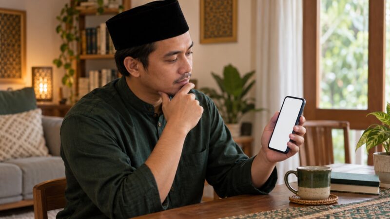 Ilustrasi AI: Laki-laki berpeci hitam dan berbaju hijau tua duduk di meja kayu, satu tangan menopang dagu sambil menatap layar ponsel yang kosong; di dekatnya ada cangkir hijau, buku bersampul hijau, dan tanaman di tepi jendela.