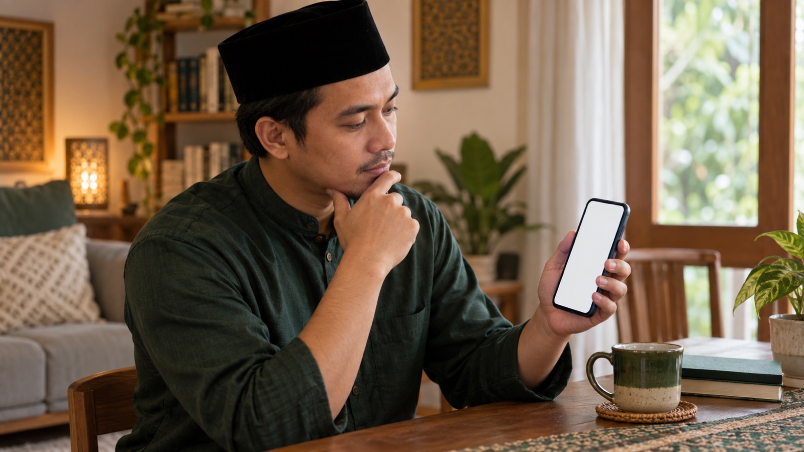 Ilustrasi AI: Laki-laki berpeci hitam dan berbaju hijau tua duduk di meja kayu, satu tangan menopang dagu sambil menatap layar ponsel yang kosong; di dekatnya ada cangkir hijau, buku bersampul hijau, dan tanaman di tepi jendela.