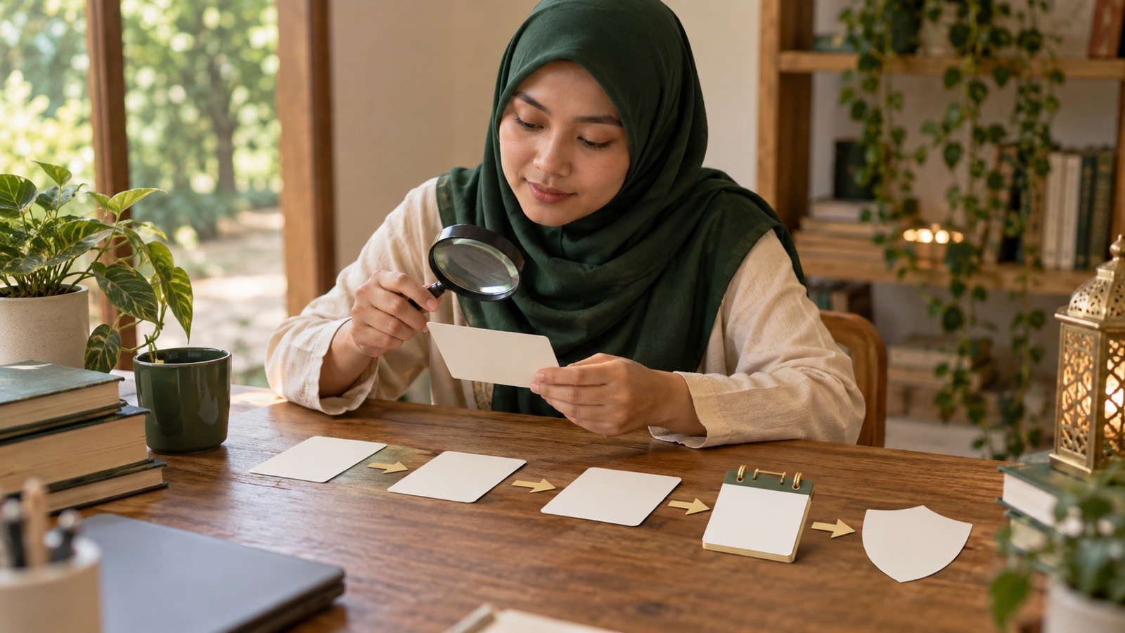 Ilustrasi AI: Perempuan berkerudung hijau memeriksa kartu kosong dengan kaca pembesar; di meja berjajar tiga kartu kosong, kalender meja tanpa angka, dan potongan kertas berbentuk perisai yang dihubungkan tanda panah.
