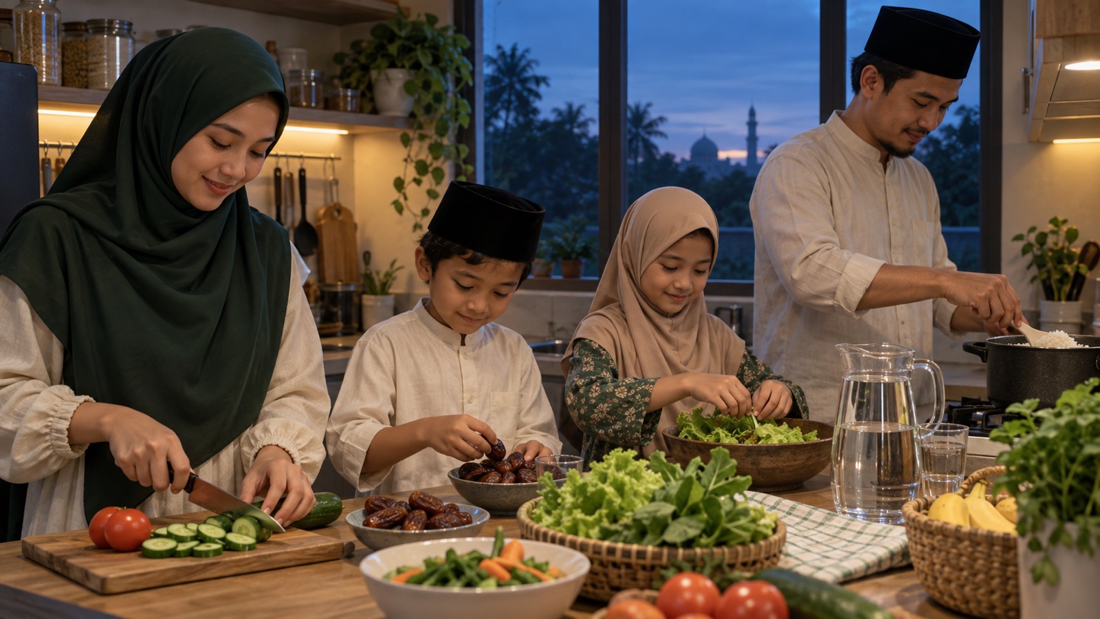 Ilustrasi AI: Keluarga menyiapkan hidangan di dapur saat langit senja: ibu berkerudung hijau tua mengiris mentimun, anak laki-laki berpeci menata kurma, anak perempuan berkerudung krem memilah selada, dan ayah berpeci mengaduk nasi, dengan siluet kubah dan menara masjid di luar jendela.