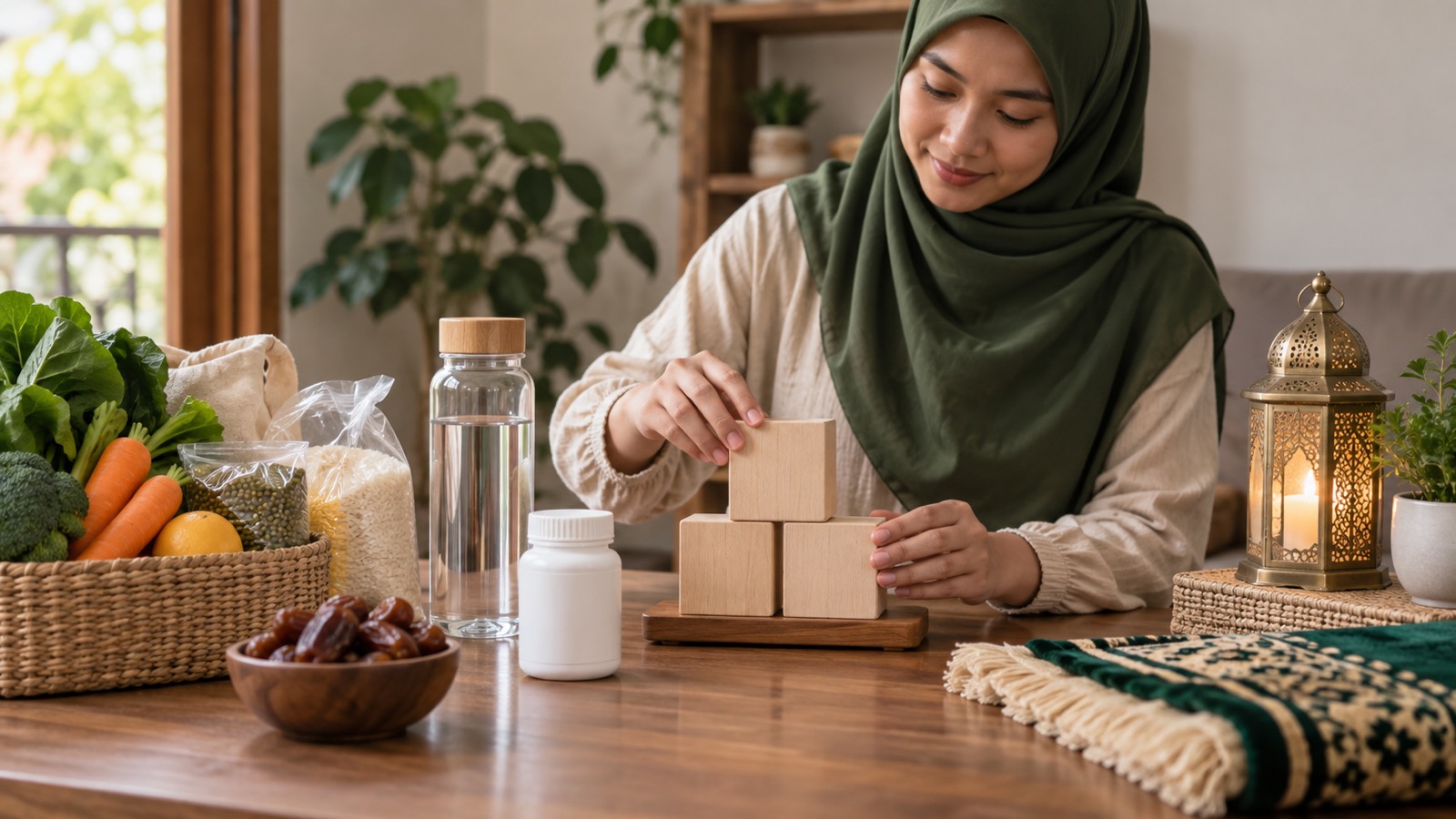 Ilustrasi AI: Perempuan berkerudung hijau zaitun menyusun tiga balok kayu di atas alas kayu, dikelilingi keranjang sayur, kantong beras dan kacang hijau, botol air, wadah obat putih tanpa label, semangkuk kurma, lentera kuningan, dan sajadah hijau yang terlipat.