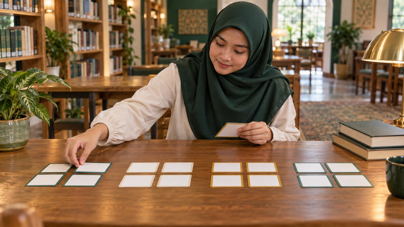 Ilustrasi AI: Perempuan berkerudung hijau di ruang perpustakaan menata kartu-kartu kosong di meja kayu menjadi empat kelompok, sambil memegang satu kartu di tangan kiri.