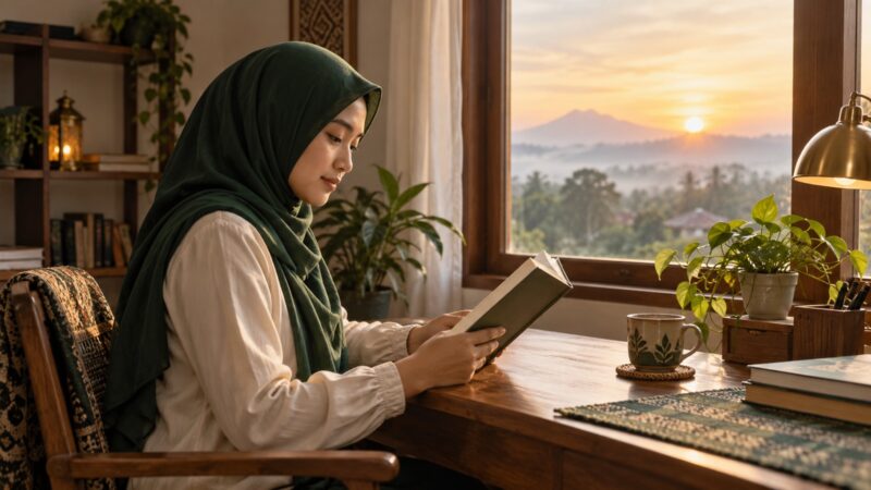 Ilustrasi AI: Perempuan berkerudung hijau tua membaca buku bersampul hijau di meja kayu dekat jendela, dengan matahari terbit dan gunung berkabut di kejauhan.