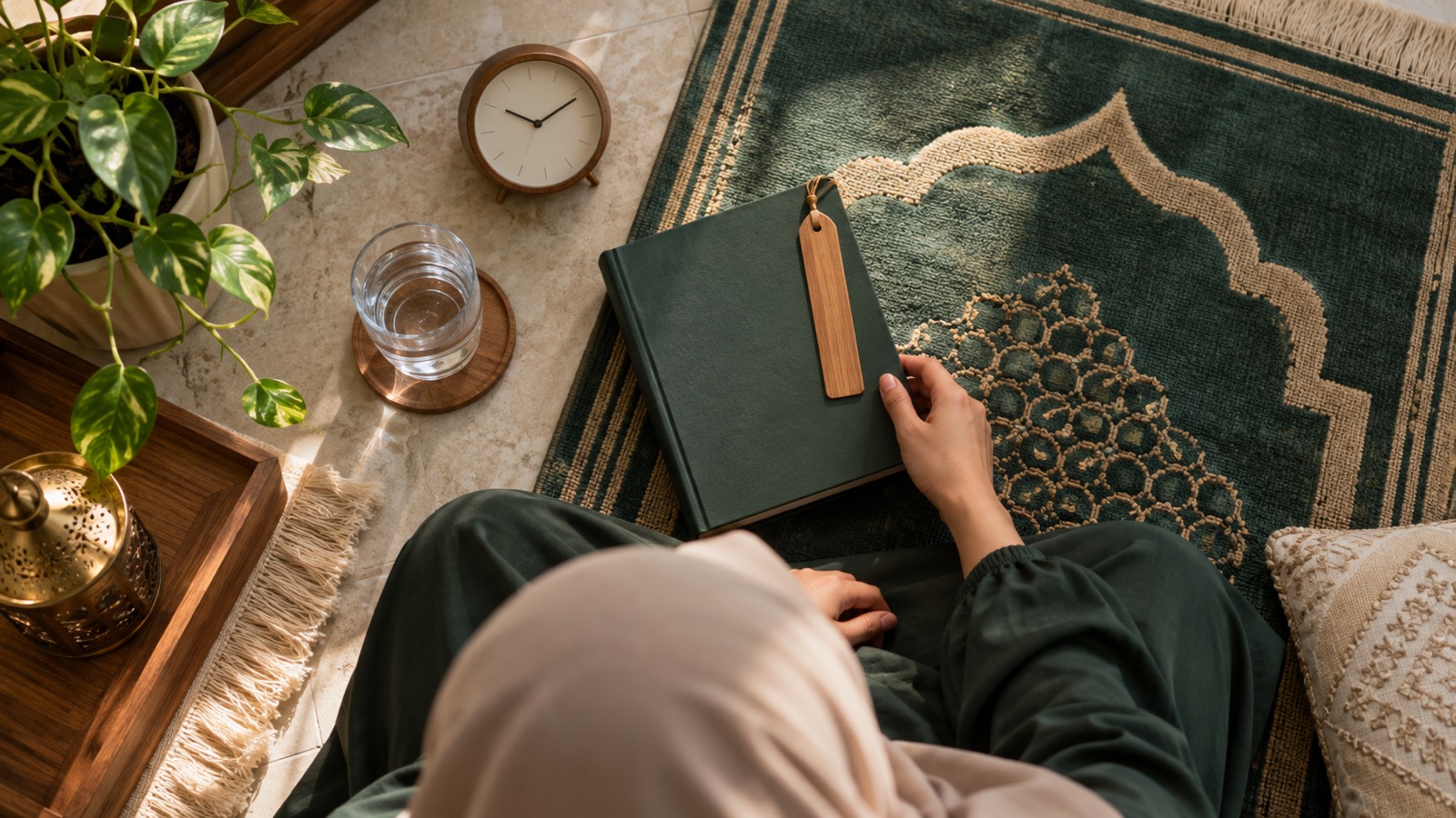 Ilustrasi AI: Dilihat dari atas, seseorang berkerudung krem duduk di samping sajadah hijau bermotif mihrab dan meletakkan tangan pada buku hijau tertutup berpembatas kayu, di dekat gelas air, jam meja, tanaman, dan lentera kuningan.