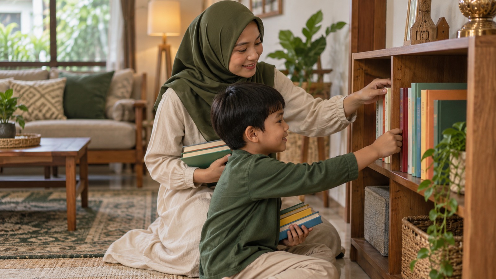 Ilustrasi AI: Seorang ibu berjilbab hijau dan anak laki-lakinya duduk di lantai sambil mengembalikan buku ke rak kayu; keduanya memegang beberapa buku.