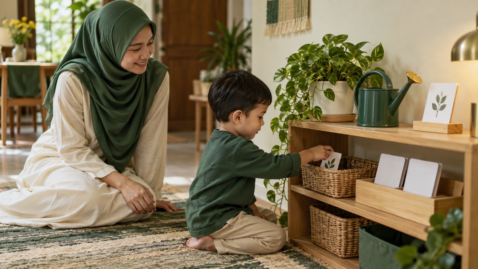 Ilustrasi AI: Anak kecil berbaju hijau berlutut memasukkan kartu bergambar daun ke keranjang anyaman di rak rendah, sementara ibunya yang berjilbab hijau memperhatikan sambil tersenyum; di atas rak ada tanaman dan penyiram berwarna hijau.