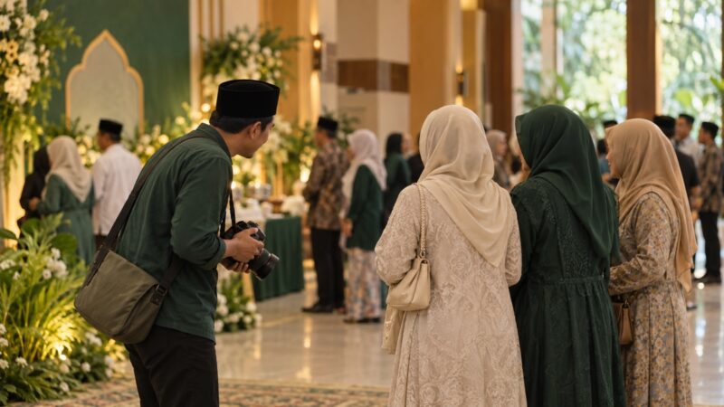 Ilustrasi AI: Juru foto berpeci hitam dengan kamera diturunkan ke depan dada mencondongkan badan ke arah tiga perempuan berkerudung di sebuah aula berhias bunga putih; tamu-tamu lain tampak samar di latar belakang.
